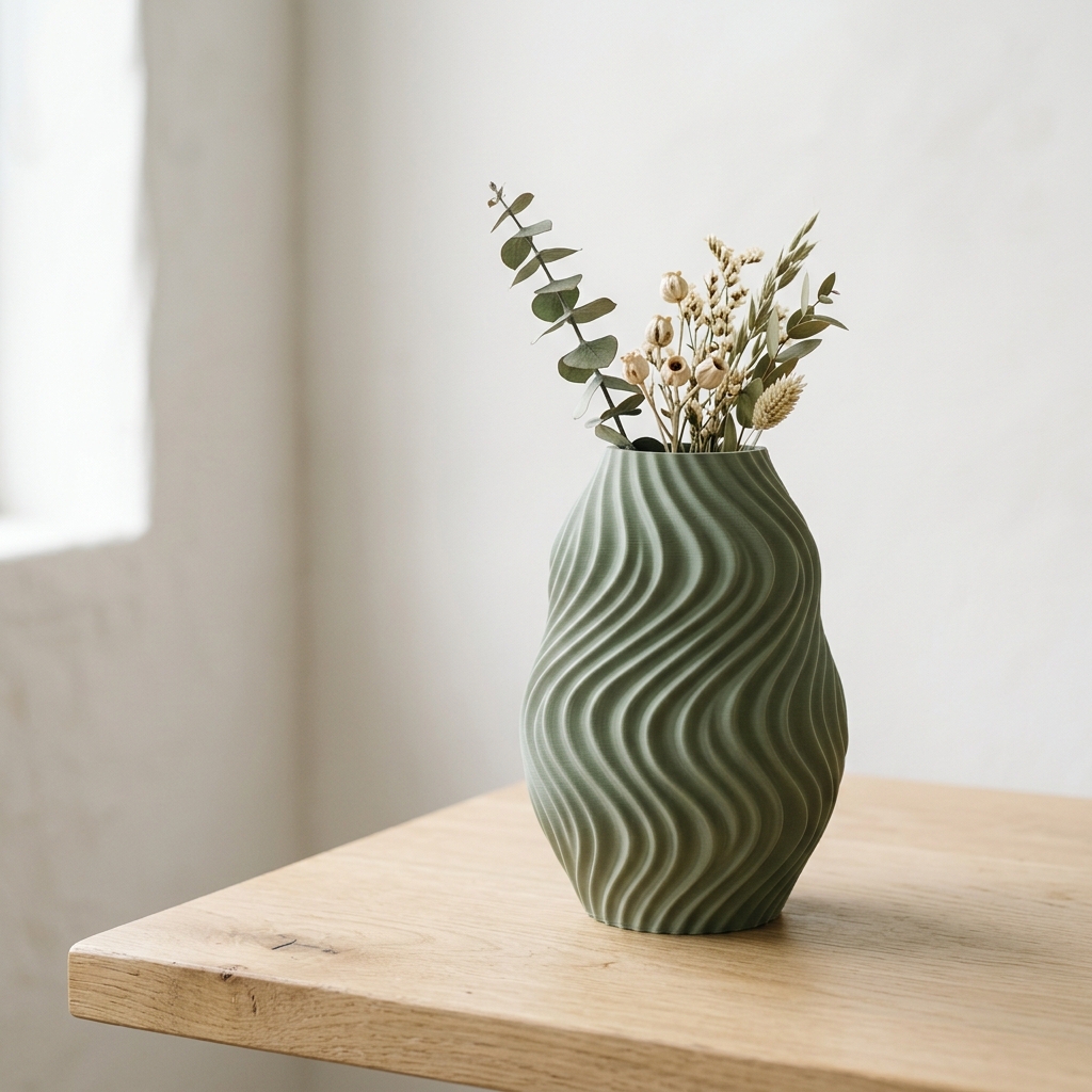Beautiful 3D printed sage green ribbed vase by CherryLabStore